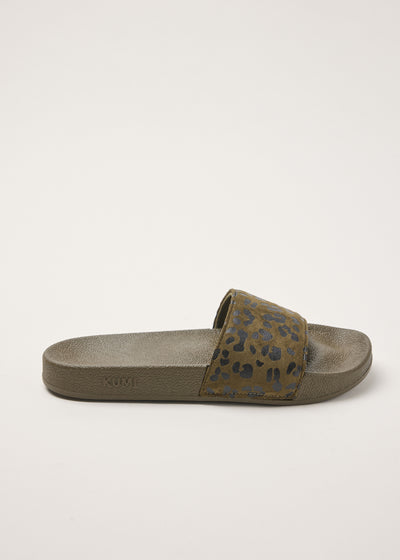 Olive leopard slides